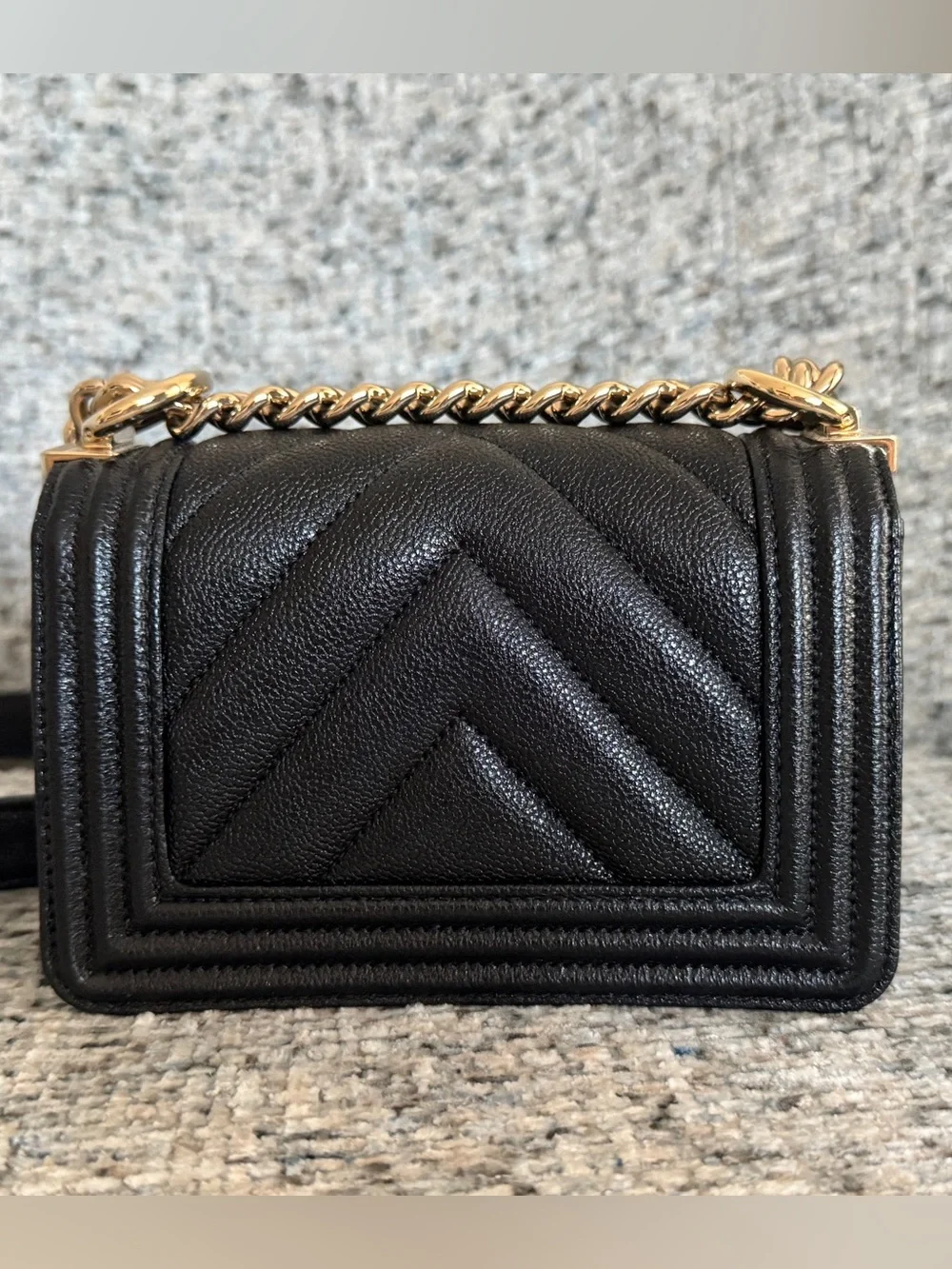 Chanel Black Mini Boy Bag Chevron Quilted Caviar Leather - Light Gold Chain
